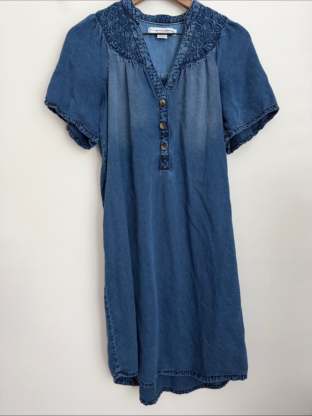 Anthropologie Pilcro Chambray Tunic Dress embroidered short sleeve Lyocell S